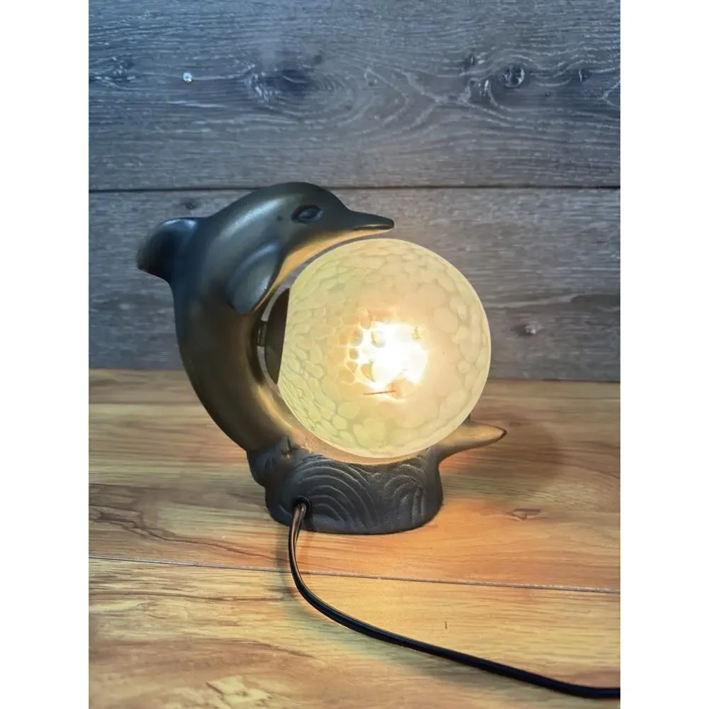 Vtg Art Deco Dolphin TV Lamp Figural Metal Bronze Tone Satin Glass Globe Light